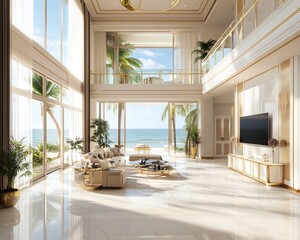 Fototapeta premium Oceanfront Living Room Interior Design with Beige and Gold Accents