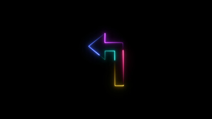 abstract neon leftward road sing red arrow icon illustration, on black background, and 4k illustration.