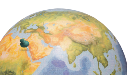 Globe map of Earth with the pin on eastern Saudi Arabia, the location for Mecca and Jeddah cities.
