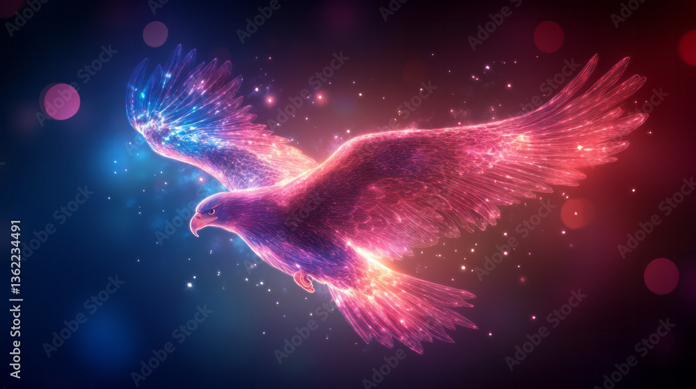 Poster a sophisticated abstract digital rendering of an eagle powerfully illuminated and gracefully flying