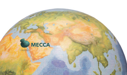 Word "Mecca", the sacred Saudi city, pinned on the global map with focus on Saudi Arabia and Middle East.
