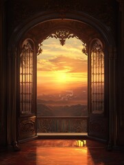 Fototapeta premium Sunset View Through Ornate Window Frames Indian Palace