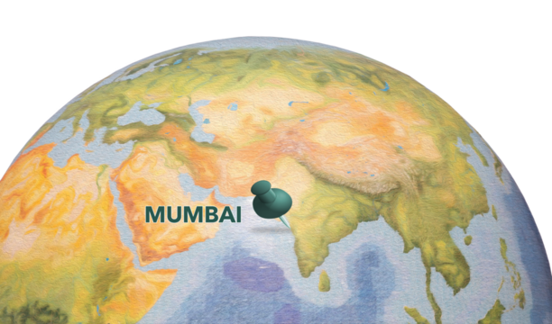 Word "Mumbai", the large Indian city, pinned on the global map with focus on India and South Asia.
