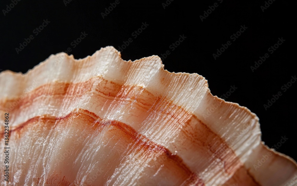 Poster close-up of a seashell's intricate layered structure, showcasing delicate, translucent, reddish-brow