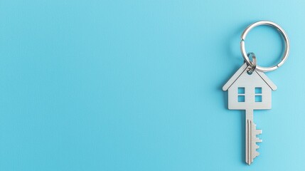 A silver key attached to a house-shaped keychain on a blue background. Free space on the keychain for text. Symbolizes real estate, home buying, and ownership.