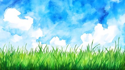Obraz premium Watercolor painting showing a blue sky with clouds and green grass