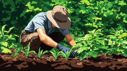 Woman gardener bending to pick fresh plants from rows of lush green garden in daylight representing manual harvesting work and healthy natural farming scene