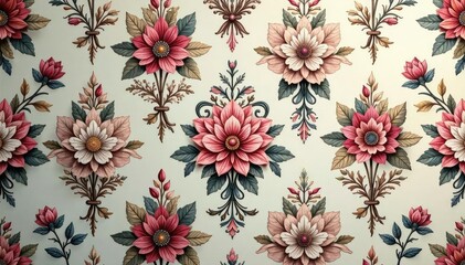 Intricate floral damask wallpaper in muted tones, fabric, shabby chic, vintage