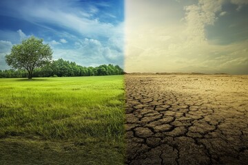 Conceptual Climate Change Artwork Showing Lush Greenery and Barren Desert