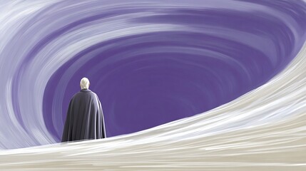 A person in a cape stands facing a swirling purple void