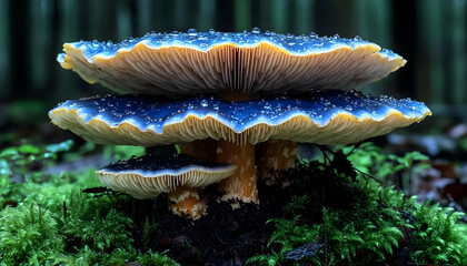 Blue and Yellow Stacked Mushrooms in a Dark Forest