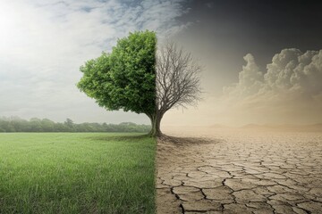 Split Landscape Showing Climate Change Impact with Greenery and Drought