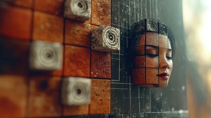 An abstract representation of a female face designed with geometric shapes and textures, provoking thought about identity and the interplay of form and emotion.