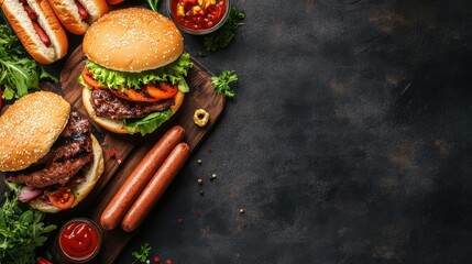 smoked meat burgers and hot dogs. with copy space image. Place for adding text or design illustration