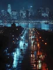 Cityscape at night with traffic and illuminated skyscrapers over a river