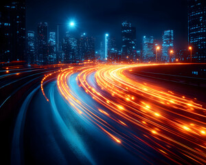 Cityscape at night with car light trails on the road