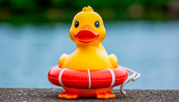 Zheltaya rezinovaya utka s krasnym spasatel'nym krugom na razmytom vodnom fone — ironiya nenuzhnoy zashchity igrushka, bezopasnost', plavaniye, leto, ozero, basseyn, plyazh, detstvo, plavayushchiy, sp