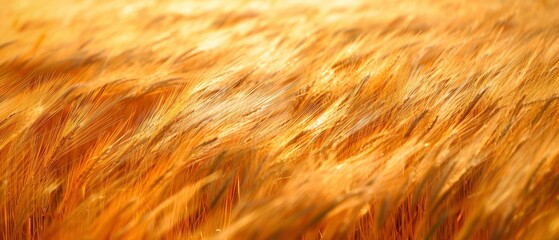 Close-up view of golden wheat field swaying gently in the breeze under a bright blue sky
