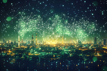 Cityscape glows under a web of interconnected points in a dark, night sky
