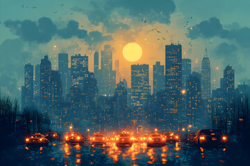 Cityscape silhouette with cars