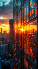 Cityscape reflected in glass facade during sunset; financials displayed