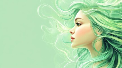 A stunning profile of a young woman with light skin and green translucent hair, exuding elegance and serenity. The smooth features highlight her captivating beauty. illustration