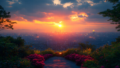 Cityscape sunset view through lush foliage with pathway & orange-lit sky