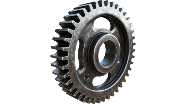 Industrial Precision: Close-up shot of a metallic gear, a symbol of mechanical engineering and industry