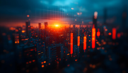 Cityscape with glowing data overlay, financial markets chart over an urban environment at sunset