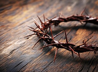 Crown of Thorns Resting on Rustic Wooden Surface Religious Still Life