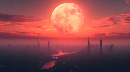 Cityscape with tall buildings under red moon and sky with clouds reflecting off river