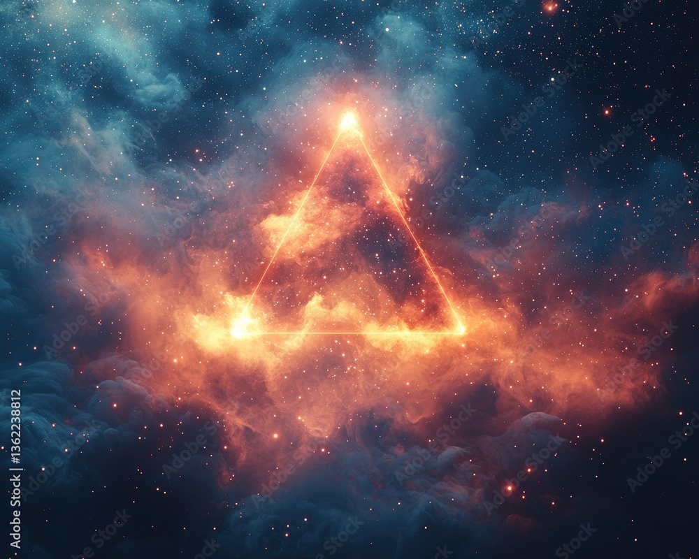 Poster abstract cosmic scene featuring a glowing triangle amidst colorful nebula clouds
