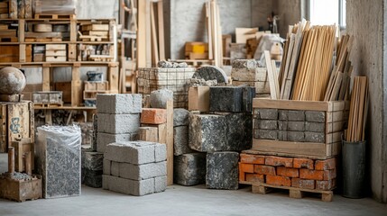 A cluttered workshop filled with various building materials, including bricks, stones, wood, and concrete blocks