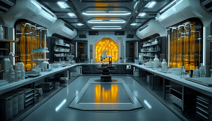 Clean lab with scientific equipment and bright backlighting