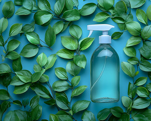 Clear spray bottle with foliage on cyan background
