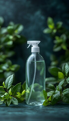 Clear spray bottle surrounded by green foliage against a dark blue mottled background