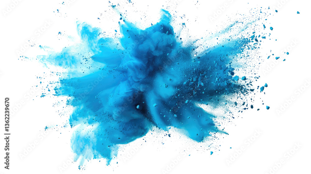 Poster explosive art: an abstract display of vibrant blue hues explodes into a mesmerizing cloud of color, 