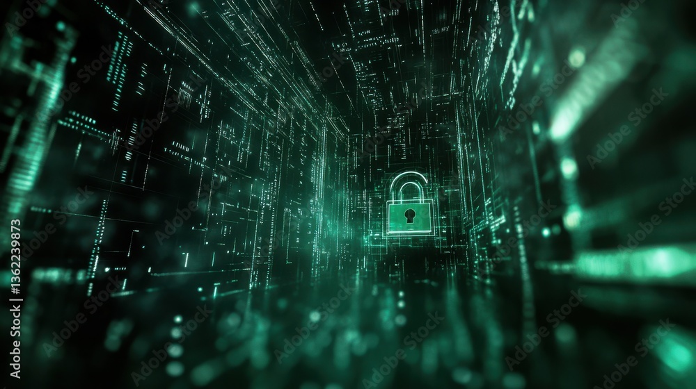 Aufkleber cyber security theme with a padlock icon, data streams, and matrix code on a dark green background.