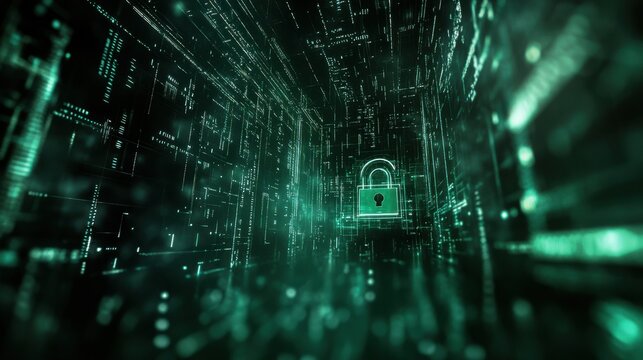 Cyber security theme with a padlock icon, data streams, and matrix code on a dark green background.