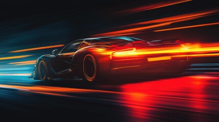 Obraz premium A Car's Blurry Tail Lights and Streaks on a Race Track at Night illustration