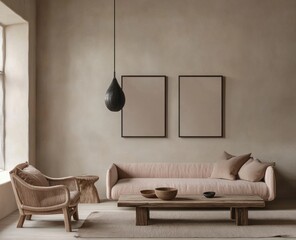 Minimalist living room with beige sofa, wooden coffee table, and natural light.