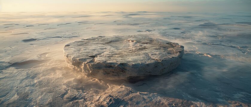 A large, flat rock formation on a frozen landscape during sunset, with a serene atmosphere and distant hills