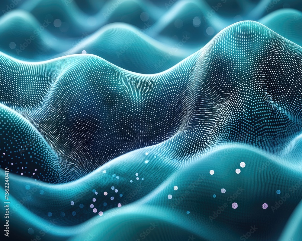 Poster abstract representation of flowing waves with glowing particles in a digital landscape