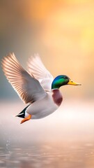 Obraz premium Mallard Duck in Flight at Sunrise Over Calm Water
