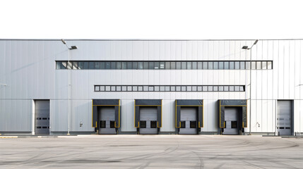 Obraz premium Warehouse Dock Doors: Modern industrial warehouse facade featuring multiple dock doors, representing commerce, transport, and logistical efficiency.