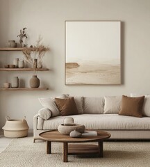 Minimalist living room with beige sofa, wooden coffee table, and neutral wall art.