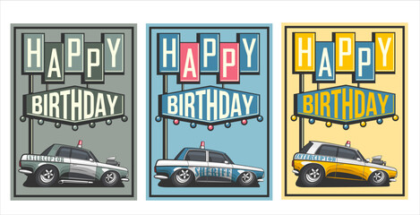 Birthday card for boys. happy birthday kids greeting card. Birthday poster with cars design. Happy birthday greeting poster. Trendy Birthday greeting card template for children.