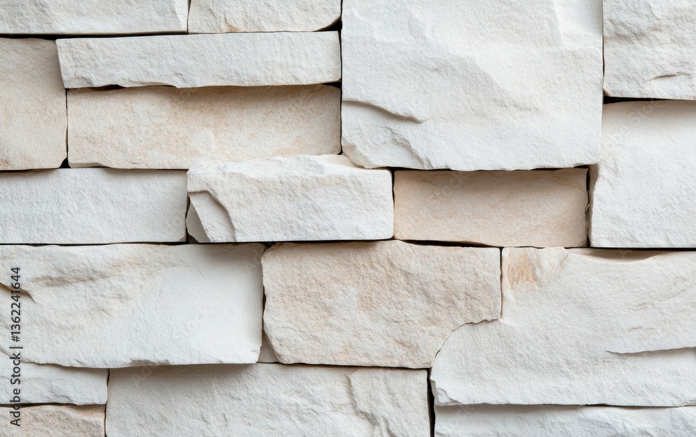 Poster close-up view of a textured wall composed of off-white and beige rectangular stone tiles. the stones