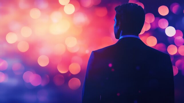 Professional attending an online event with a virtual background.