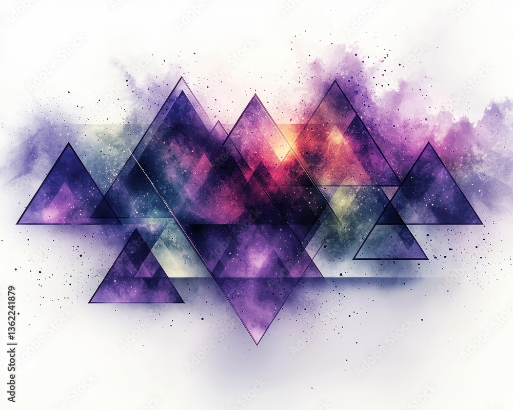 Poster abstract geometric design featuring colorful triangles and splashes of paint